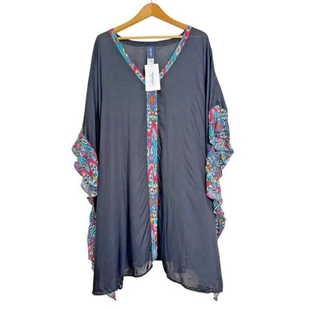 NEW Swimsuits For All Kaftan Women 22/24 Cover Up‎ Gray Ikat Ruffle Tunic Rayon
